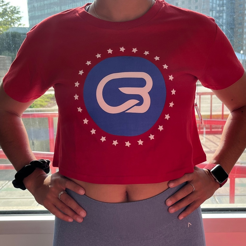Cyclebar Vibrant Red Crop Top with Blue Logo